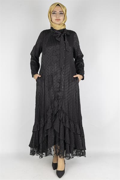Şık Boncuk İşlemeli Viskon Cupra Elbise Siyah OTW5747