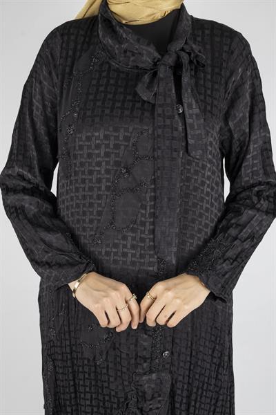 Şık Boncuk İşlemeli Viskon Cupra Elbise Siyah OTW5747