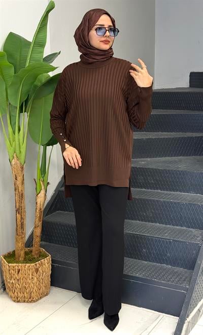 Şık Düğme Detaylı Merserize Tunik Acı Kahve OTW1009