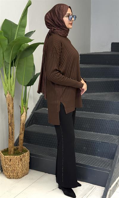 Şık Düğme Detaylı Merserize Tunik Acı Kahve OTW1009
