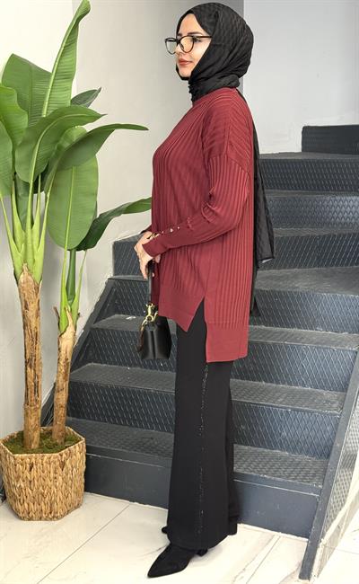 Şık Düğme Detaylı Merserize Tunik Bordo OTW1009