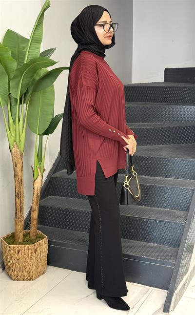 Şık Düğme Detaylı Merserize Tunik Bordo OTW1009