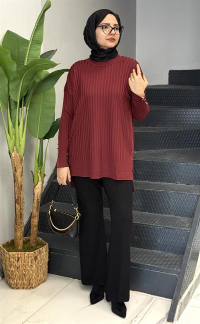 Şık Düğme Detaylı Merserize Tunik Bordo OTW1009