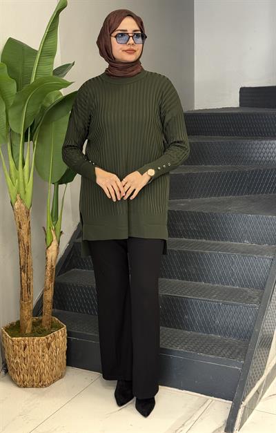 Şık Düğme Detaylı Merserize Tunik Haki OTW1009