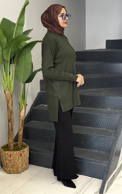 Şık Düğme Detaylı Merserize Tunik Haki OTW1009