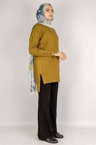 Şık Düğme Detaylı Merserize Tunik Hardal OTW1009