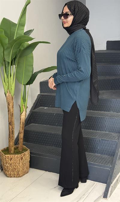 Şık Düğme Detaylı Merserize Tunik Nefti OTW1009