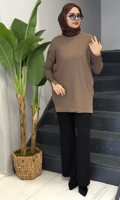 Şık Düğme Detaylı Merserize Tunik Vizon OTW1009