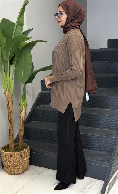 Şık Düğme Detaylı Merserize Tunik Vizon OTW1009