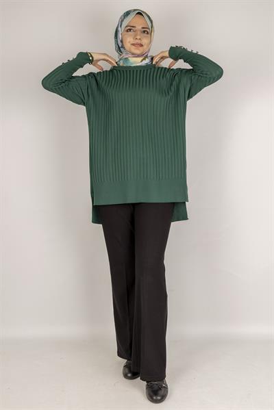 Şık Düğme Detaylı Merserize Tunik Zümrüt OTW1009