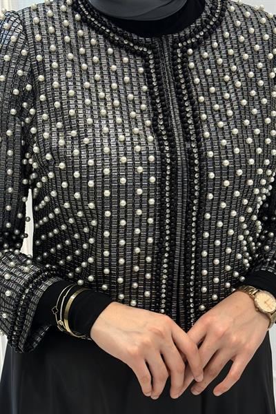 Şık İnci İşlemeli Ceket ve Uzun Etek Takım Siyah OTW45856