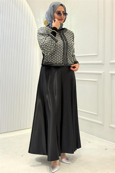 Şık İnci İşlemeli Ceket ve Uzun Etek Takım Siyah OTW45856