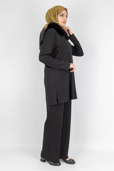Şık Kürk Yaka ve Düğme Detaylı Tesettür İkili Takım Siyah OTW2687