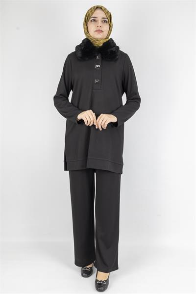 Şık Kürk Yaka ve Düğme Detaylı Tesettür İkili Takım Siyah OTW2687