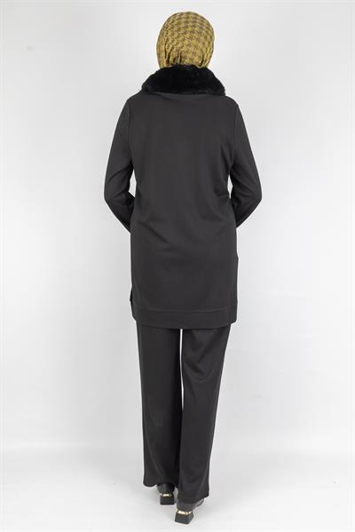 Şık Kürk Yaka ve Düğme Detaylı Tesettür İkili Takım Siyah OTW2687