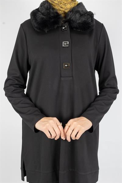 Şık Kürk Yaka ve Düğme Detaylı Tesettür İkili Takım Siyah OTW2687