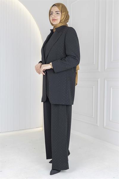 Şık Taş İşlemeli Büyük Beden Takım Siyah OTW45837