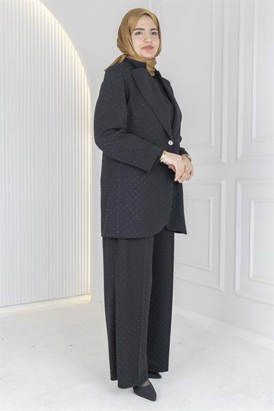 Şık Taş İşlemeli Büyük Beden Takım Siyah OTW45837