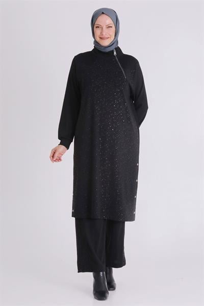 Sim Efektli Siyah Pantolonlu Büyük Beden Takım Siyah OTW35133