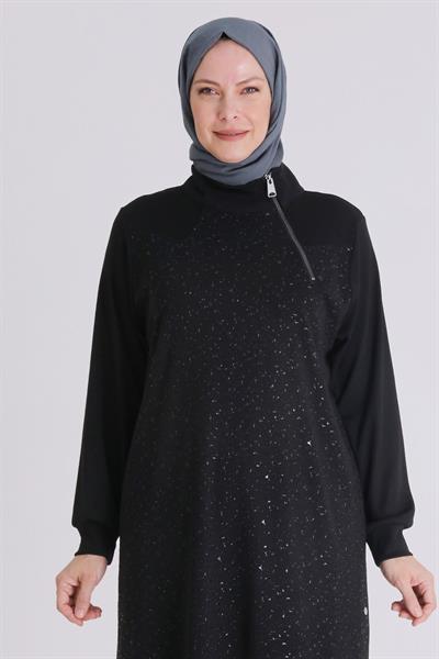 Sim Efektli Siyah Pantolonlu Büyük Beden Takım Siyah OTW35133