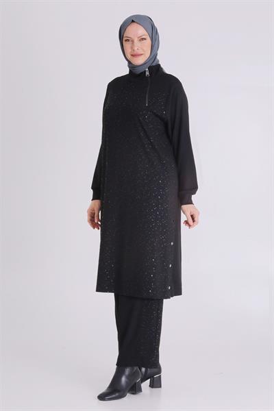 Sim Efektli Siyah Pantolonlu Büyük Beden Takım Siyah OTW35133