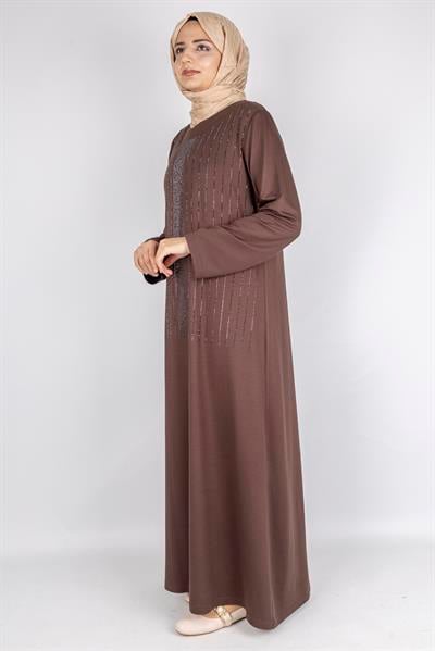 Sim Taş İşlemeli Büyük Beden Penye Elbise Kahve OTW2111