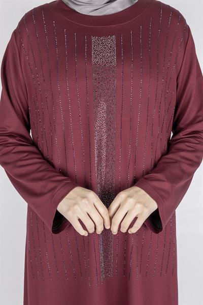 Sim Taş İşlemeli Büyük Beden Penye Elbise Bordo OTW2111