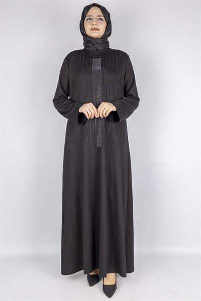Sim Taş İşlemeli Büyük Beden Penye Elbise Siyah OTW2111
