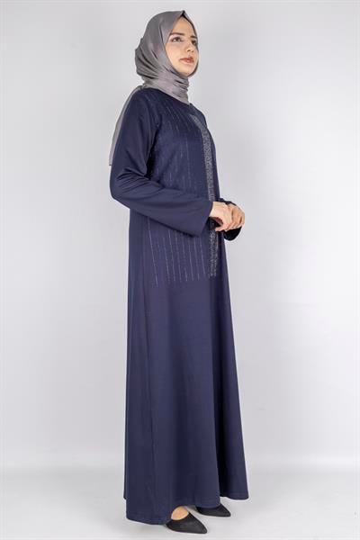 Sim Taş İşlemeli Büyük Beden Penye Elbise Lacivert OTW2111