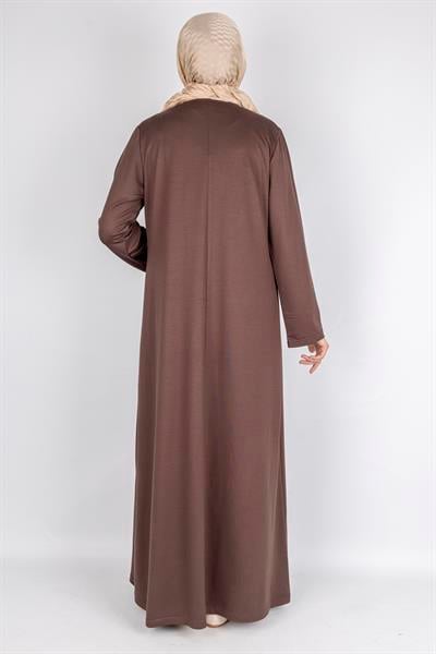 Sim Taş İşlemeli Büyük Beden Penye Elbise Kahve OTW2111