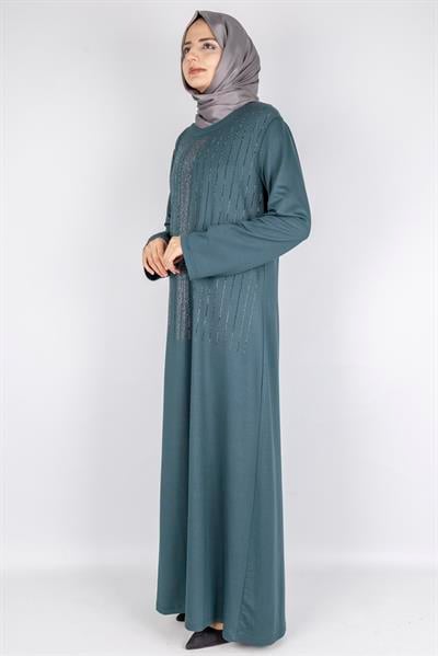 Sim Taş İşlemeli Büyük Beden Penye Elbise Yeşil OTW2111