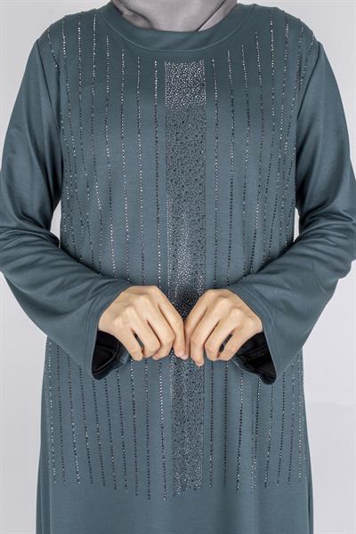 Sim Taş İşlemeli Büyük Beden Penye Elbise Yeşil OTW2111