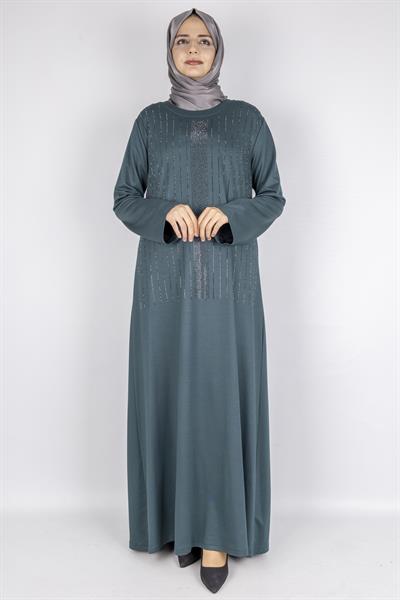 Sim Taş İşlemeli Büyük Beden Penye Elbise Yeşil OTW2111