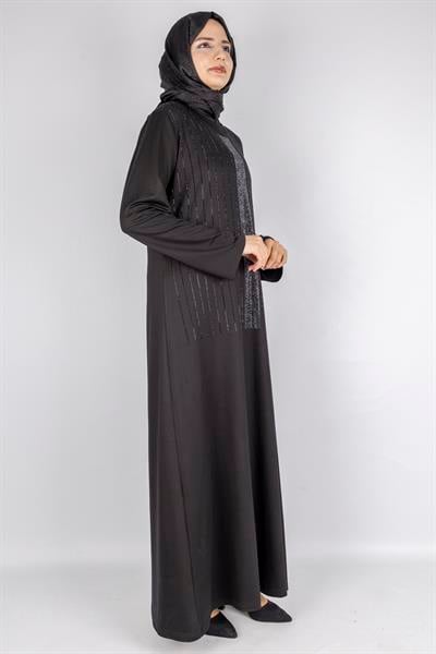Sim Taş İşlemeli Büyük Beden Penye Elbise Siyah OTW2111