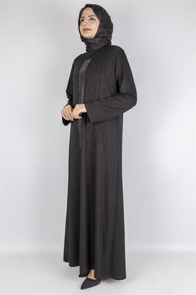 Sim Taş İşlemeli Büyük Beden Penye Elbise Siyah OTW2111