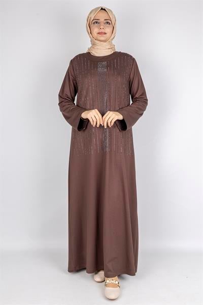 Sim Taş İşlemeli Büyük Beden Penye Elbise Kahve OTW2111