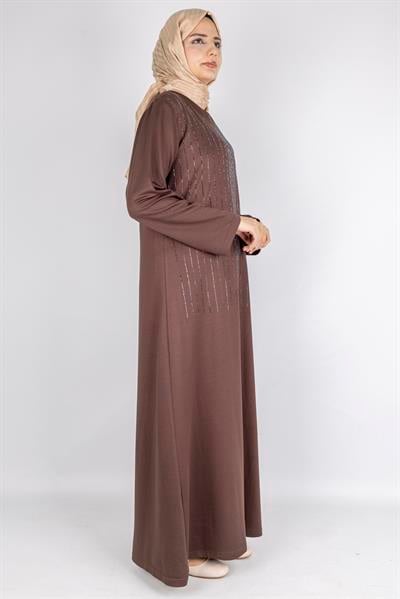 Sim Taş İşlemeli Büyük Beden Penye Elbise Kahve OTW2111