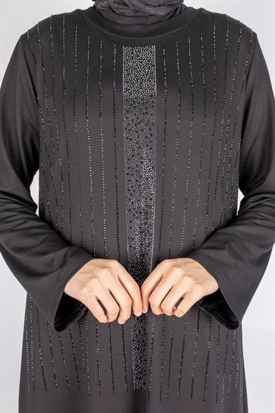 Sim Taş İşlemeli Büyük Beden Penye Elbise Siyah OTW2111