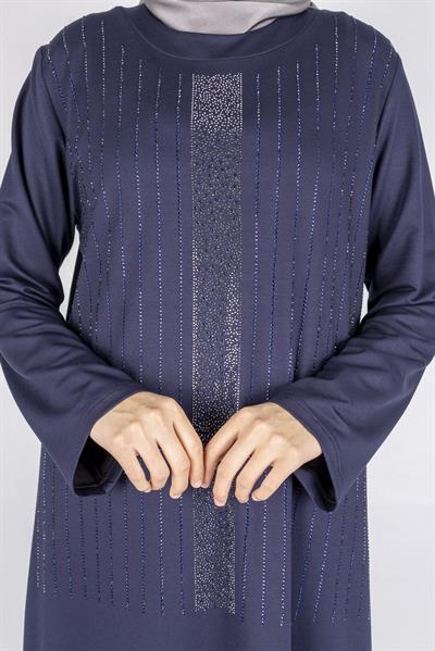 Sim Taş İşlemeli Büyük Beden Penye Elbise Lacivert OTW2111