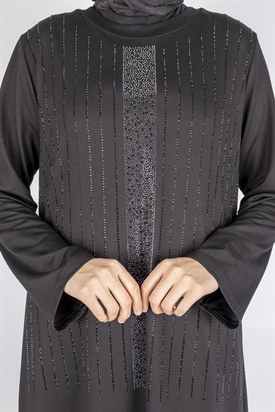 Sim Taş İşlemeli Büyük Beden Penye Elbise Siyah OTW2111