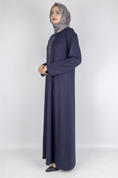 Sim Taş İşlemeli Büyük Beden Penye Elbise Lacivert OTW2111