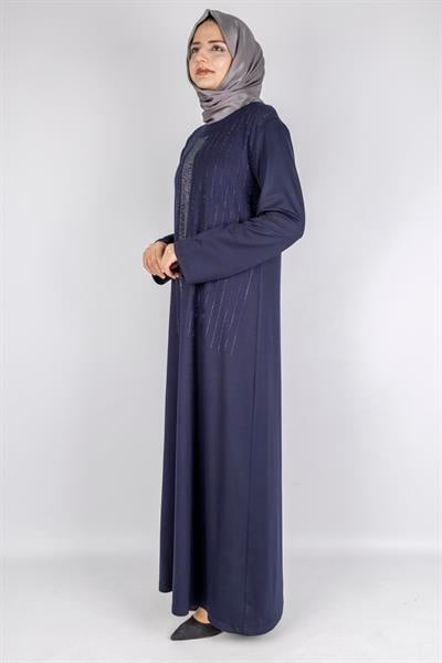 Sim Taş İşlemeli Büyük Beden Penye Elbise Lacivert OTW2111