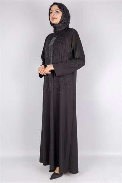 Sim Taş İşlemeli Büyük Beden Penye Elbise Siyah OTW2111