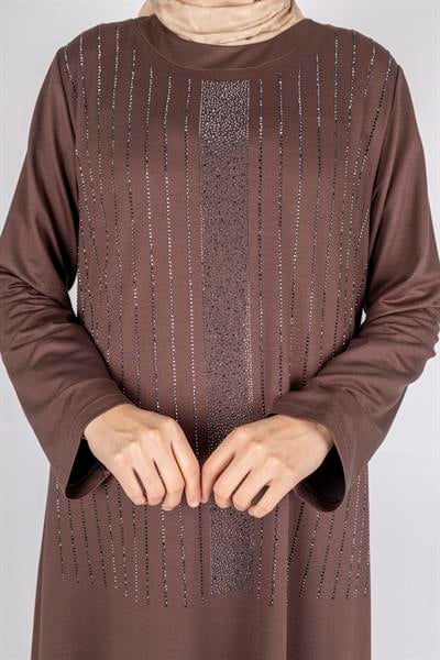 Sim Taş İşlemeli Büyük Beden Penye Elbise Kahve OTW2111
