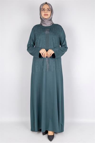 Sim Taş İşlemeli Büyük Beden Penye Elbise Yeşil OTW2111