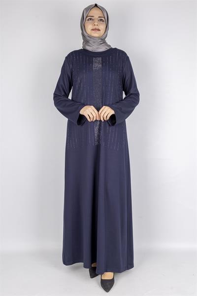 Sim Taş İşlemeli Büyük Beden Penye Elbise Lacivert OTW2111