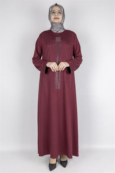 Sim Taş İşlemeli Büyük Beden Penye Elbise Bordo OTW2111