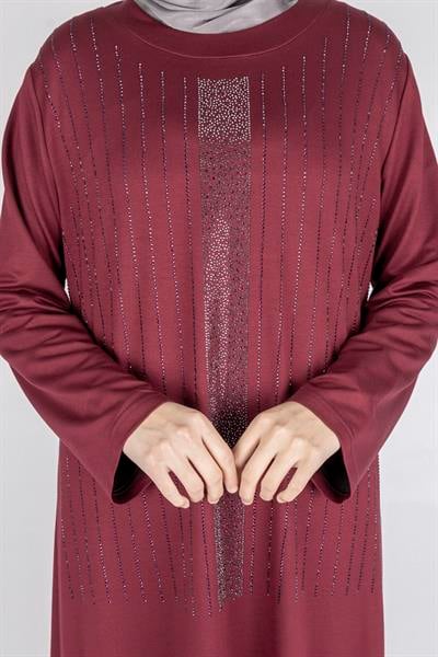 Sim Taş İşlemeli Büyük Beden Penye Elbise Bordo OTW2111