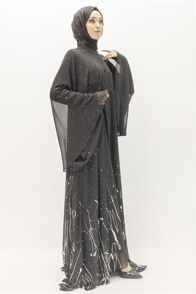 Siyah Beyaz Desenli Büyük Beden Şifon Elbise – Ottoman Wear Siyah OTW411