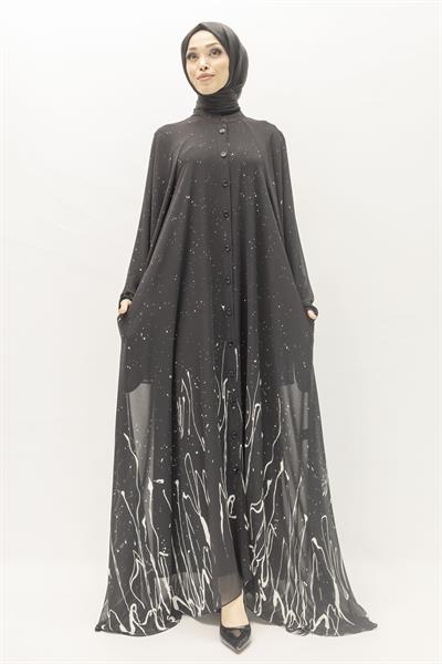 Siyah Beyaz Desenli Büyük Beden Şifon Elbise – Ottoman Wear Siyah OTW411